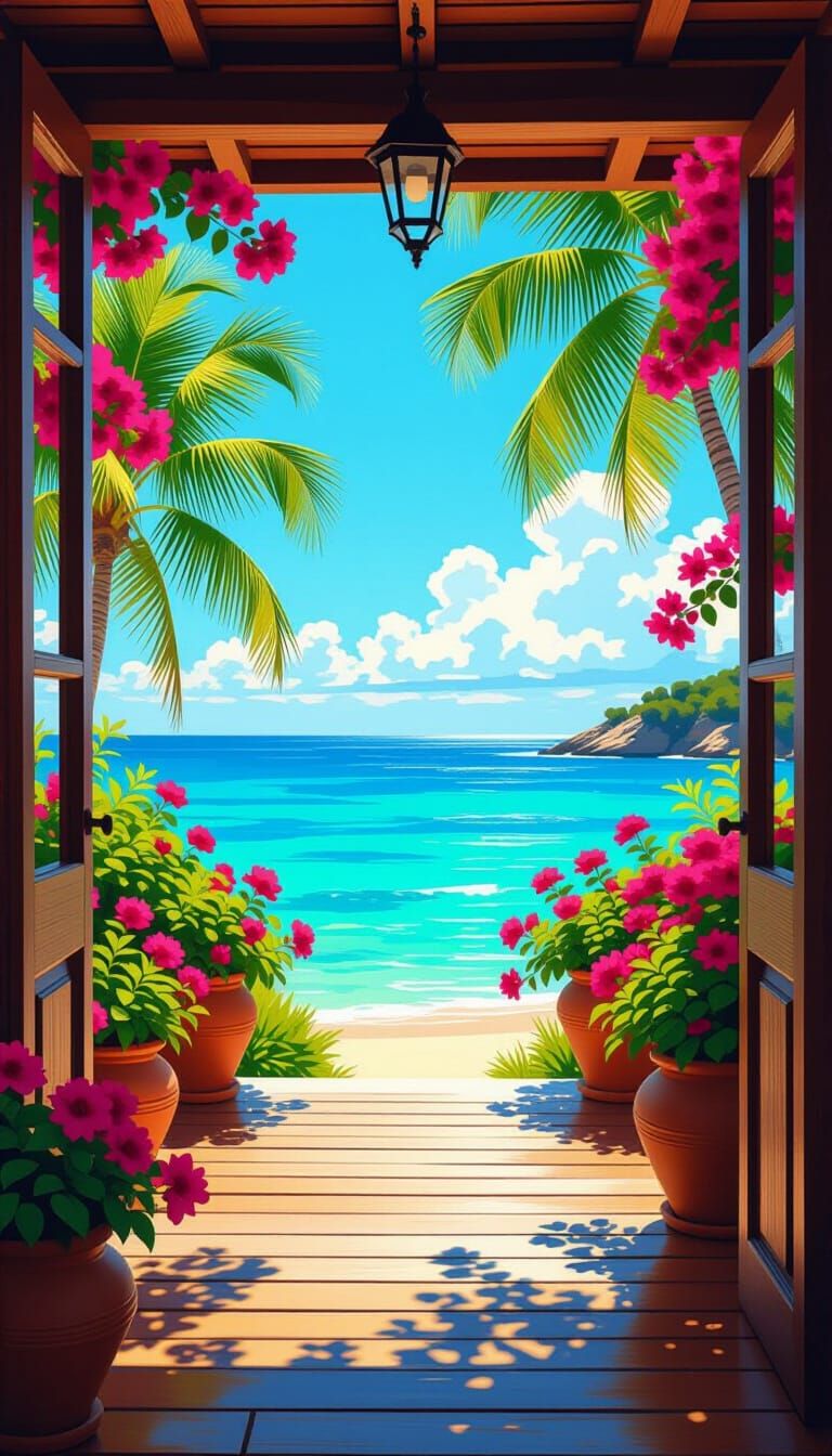 Tropical Villa with Ocean View in Painterly Style