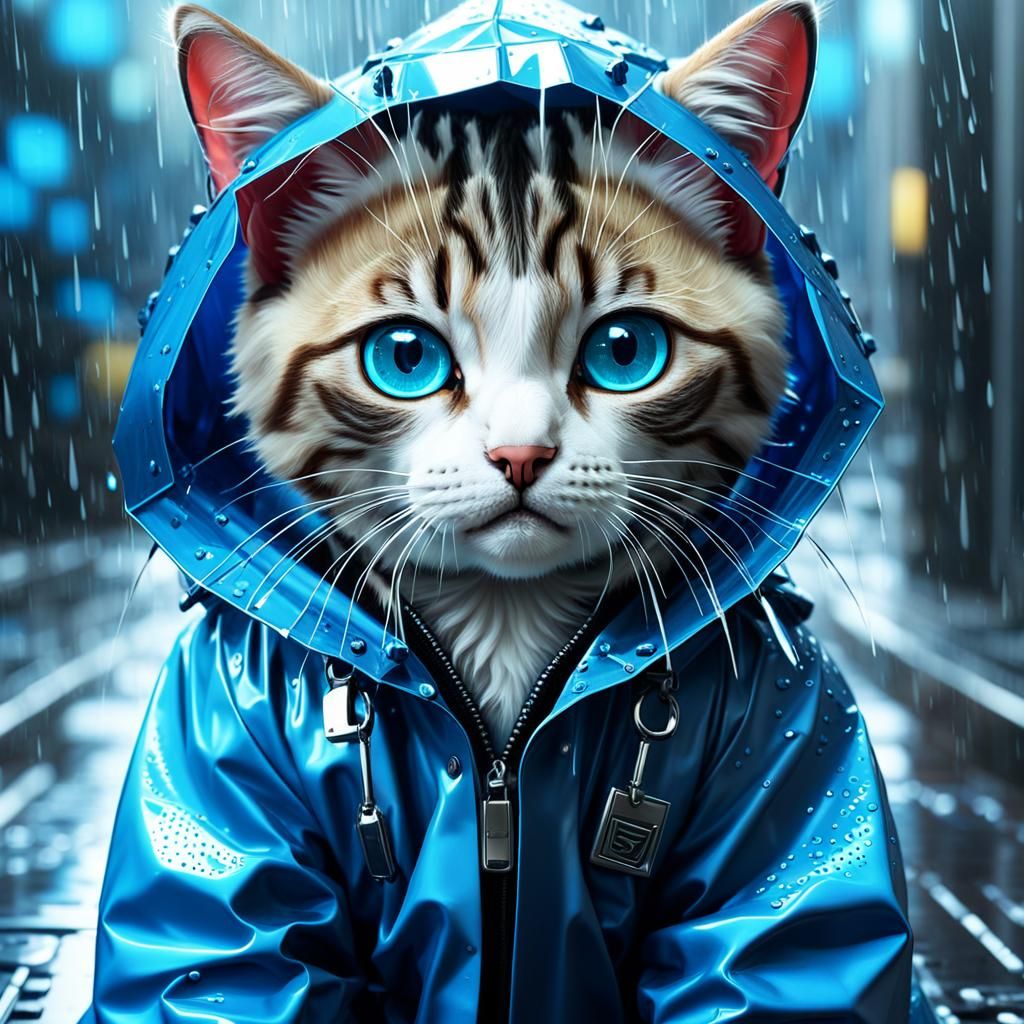 Cute Cat in Raincoat in Cyberpunk Style