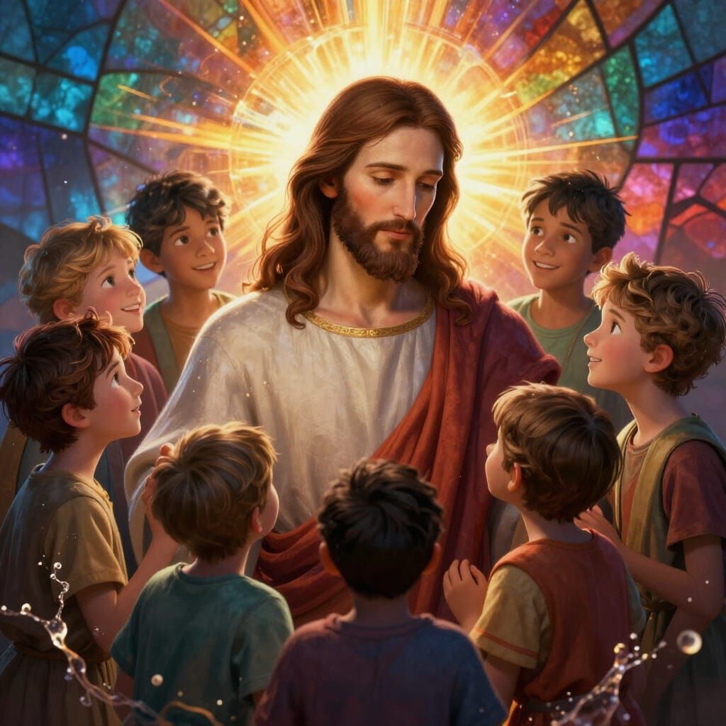 Jesus and Diverse Children in Dramatic Lighting