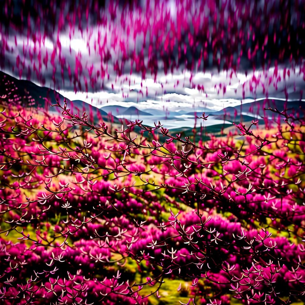 Scottish Highlands Heather Landscape with Dramatic Sky