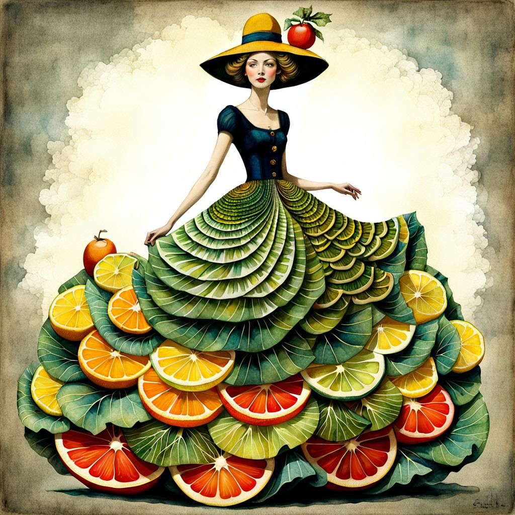 Fruit and Cabbage Dress: Surreal Watercolor Fashion