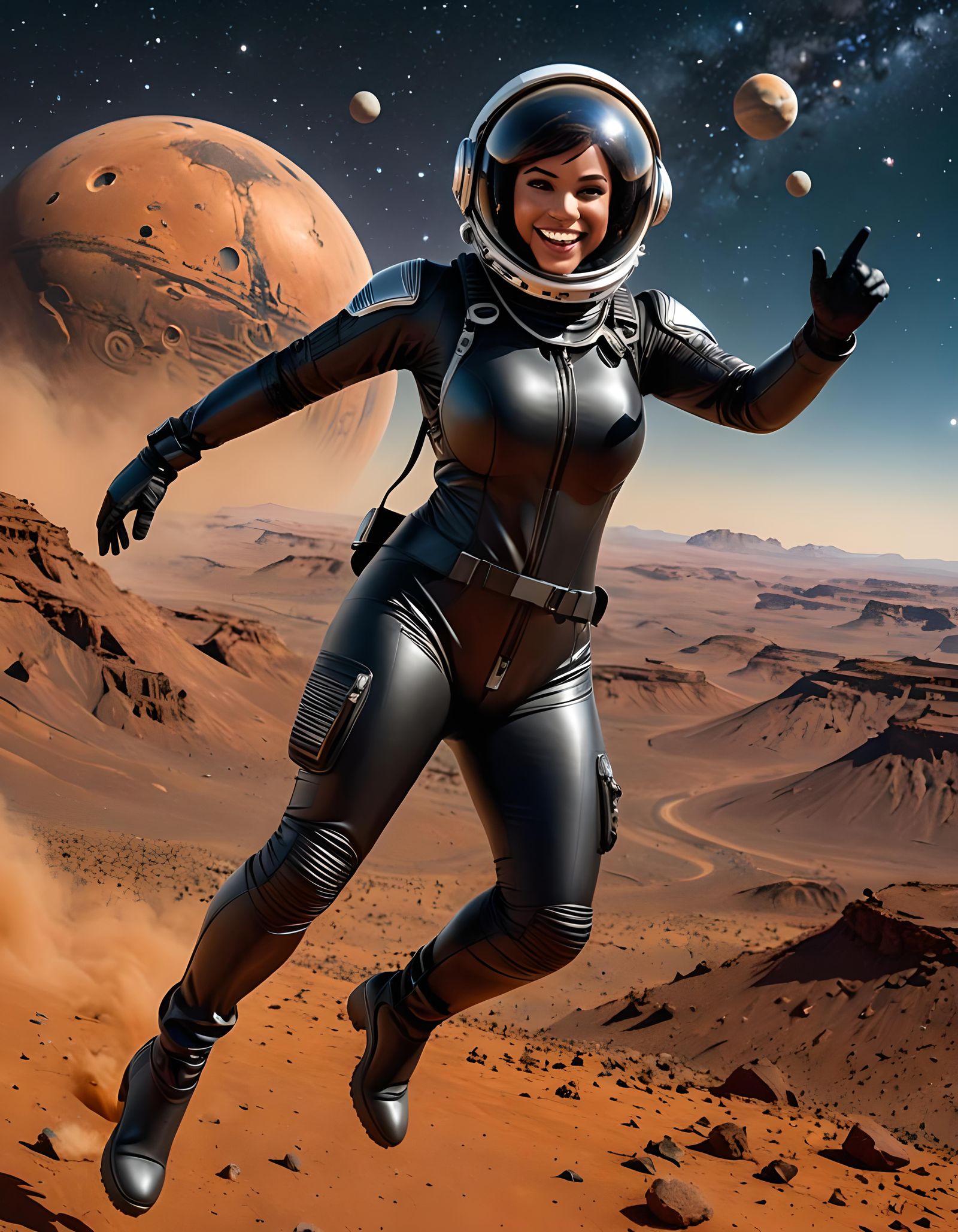 Brazilian Woman Astronaut Jumping on Mars