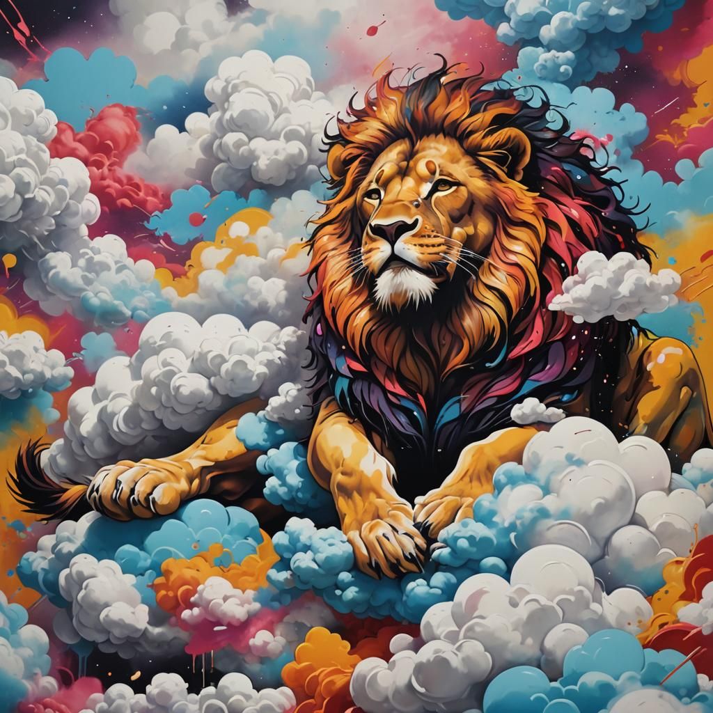 Lion Asleep on Clouds in Graffiti Style