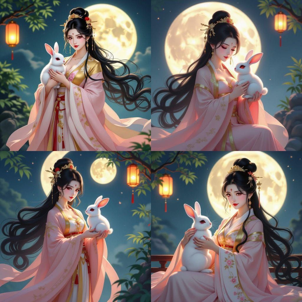 Chinese Celestial Maiden with Rabbit Under Full Moon