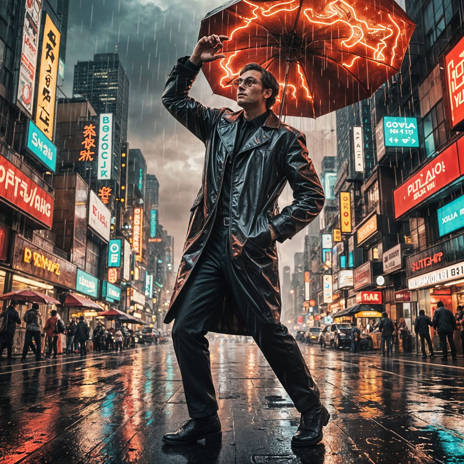 Retro-Futuristic City as Man in Rainy Cyberpunk Style