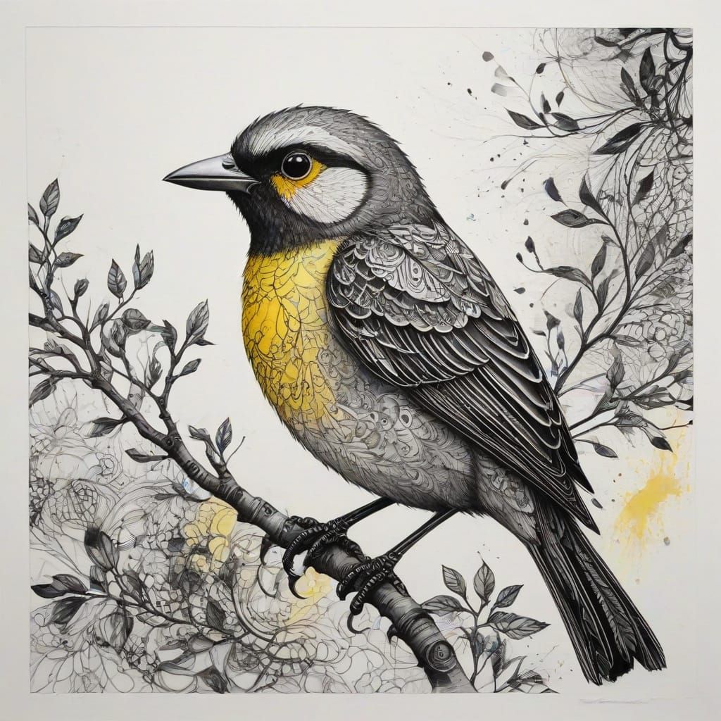 Abstract Bird in Black, White and Yellow