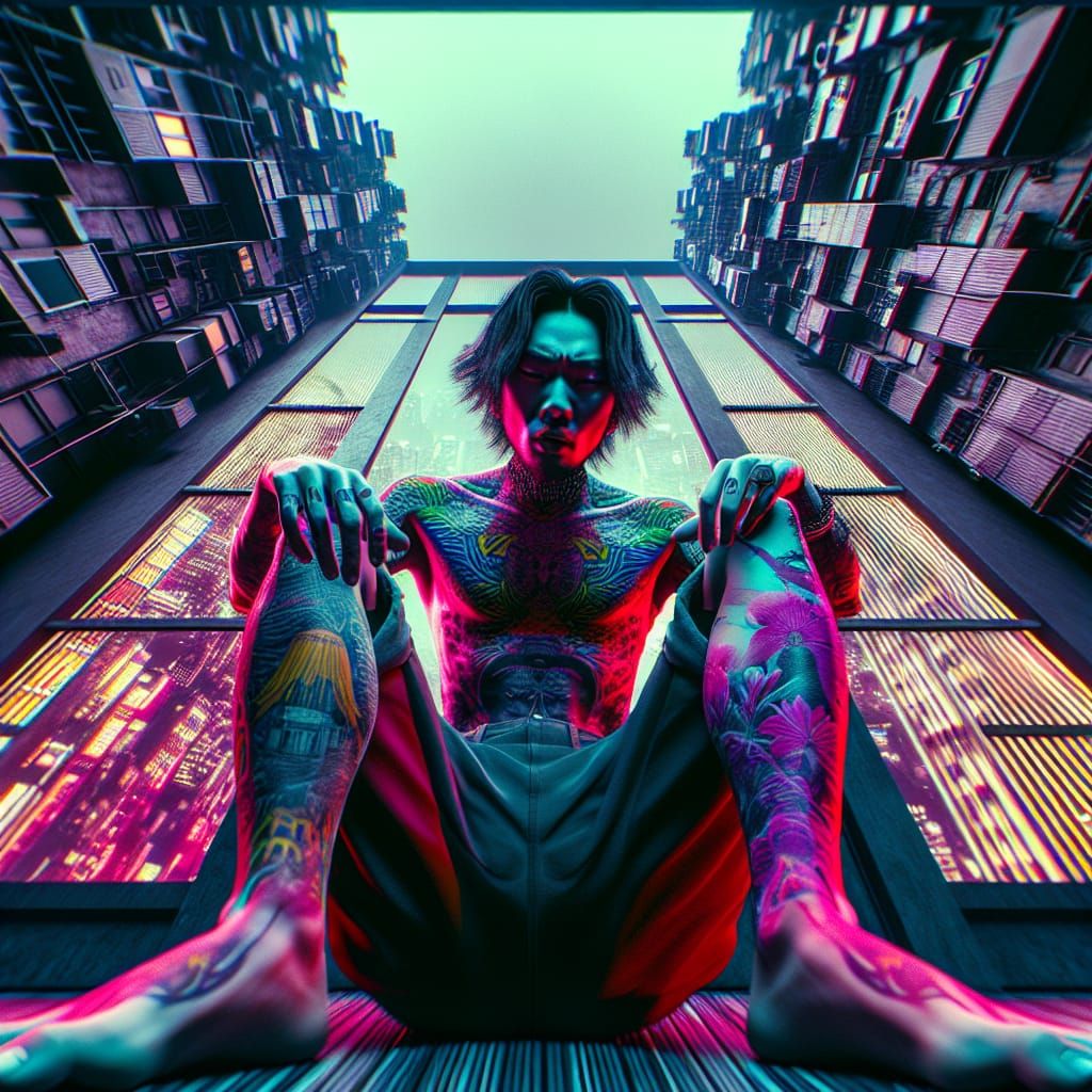 Japanese Man with Tattoos in Surrealist Photo