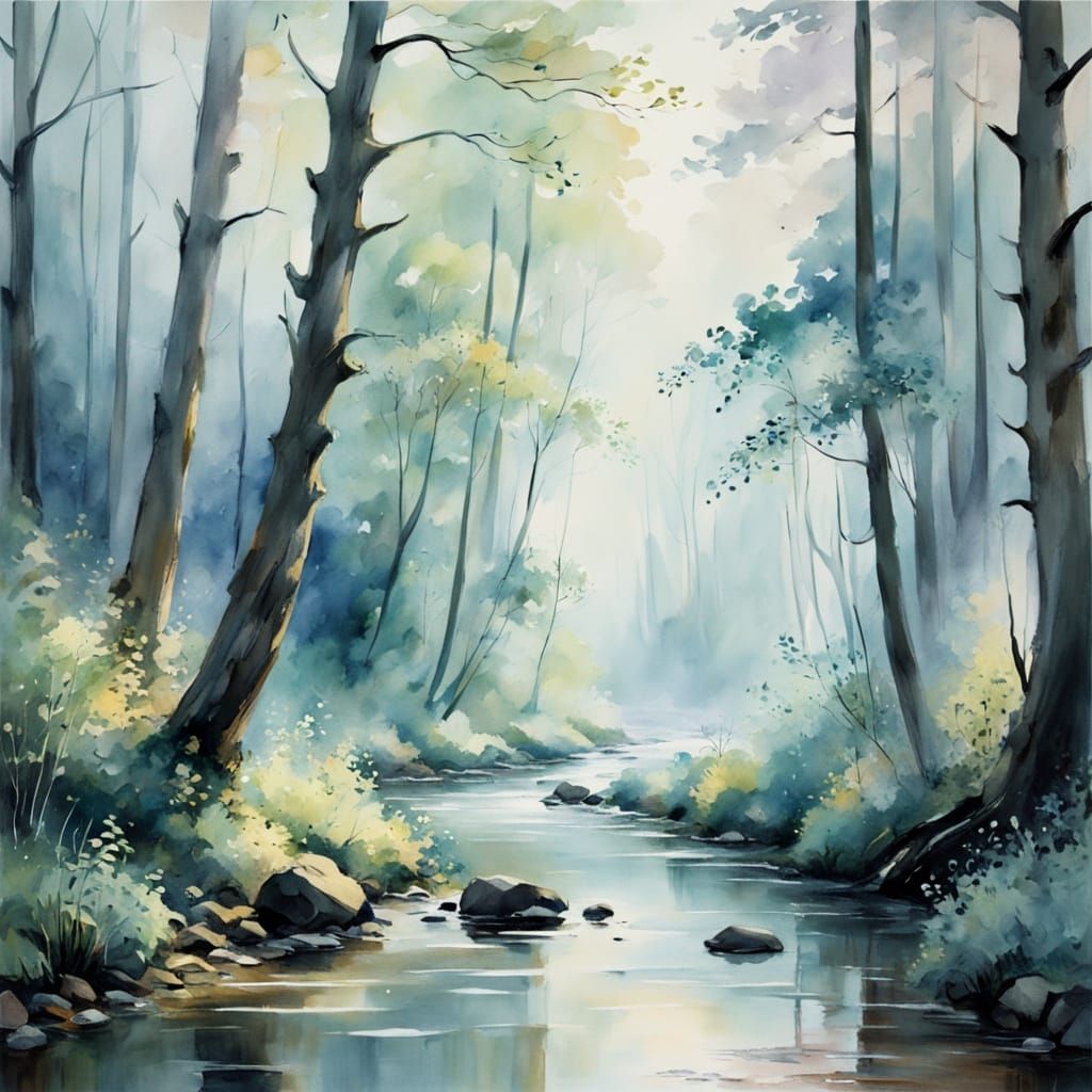 Serene Misty Forest Watercolor Masterpiece in Impressionist ...