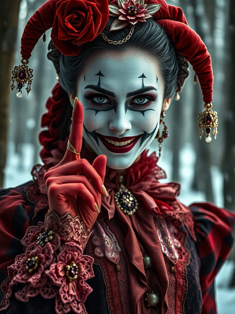 Harlequin Woman Commands Silence in Winter Forest