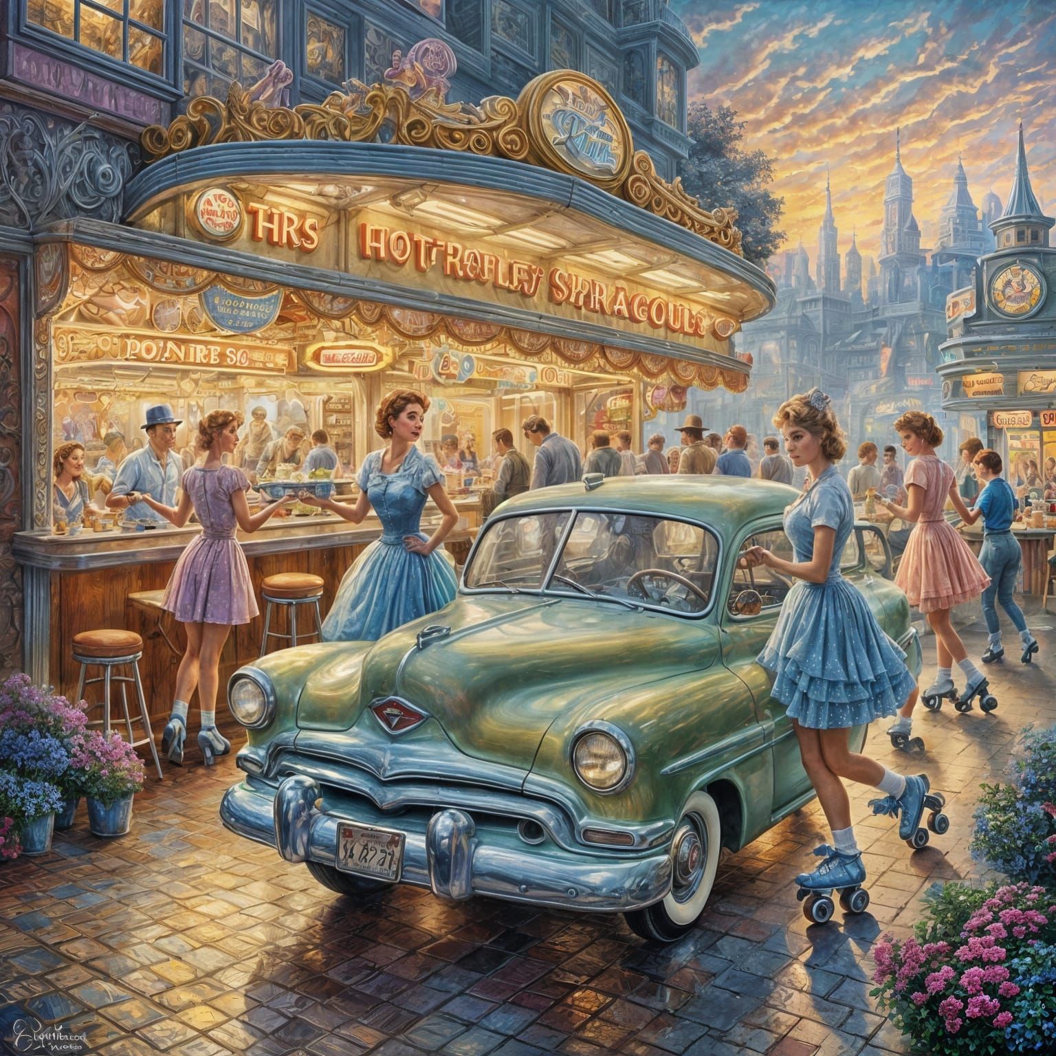 Waitresses wearing miniskirts on roller skates at a 1950s dr...