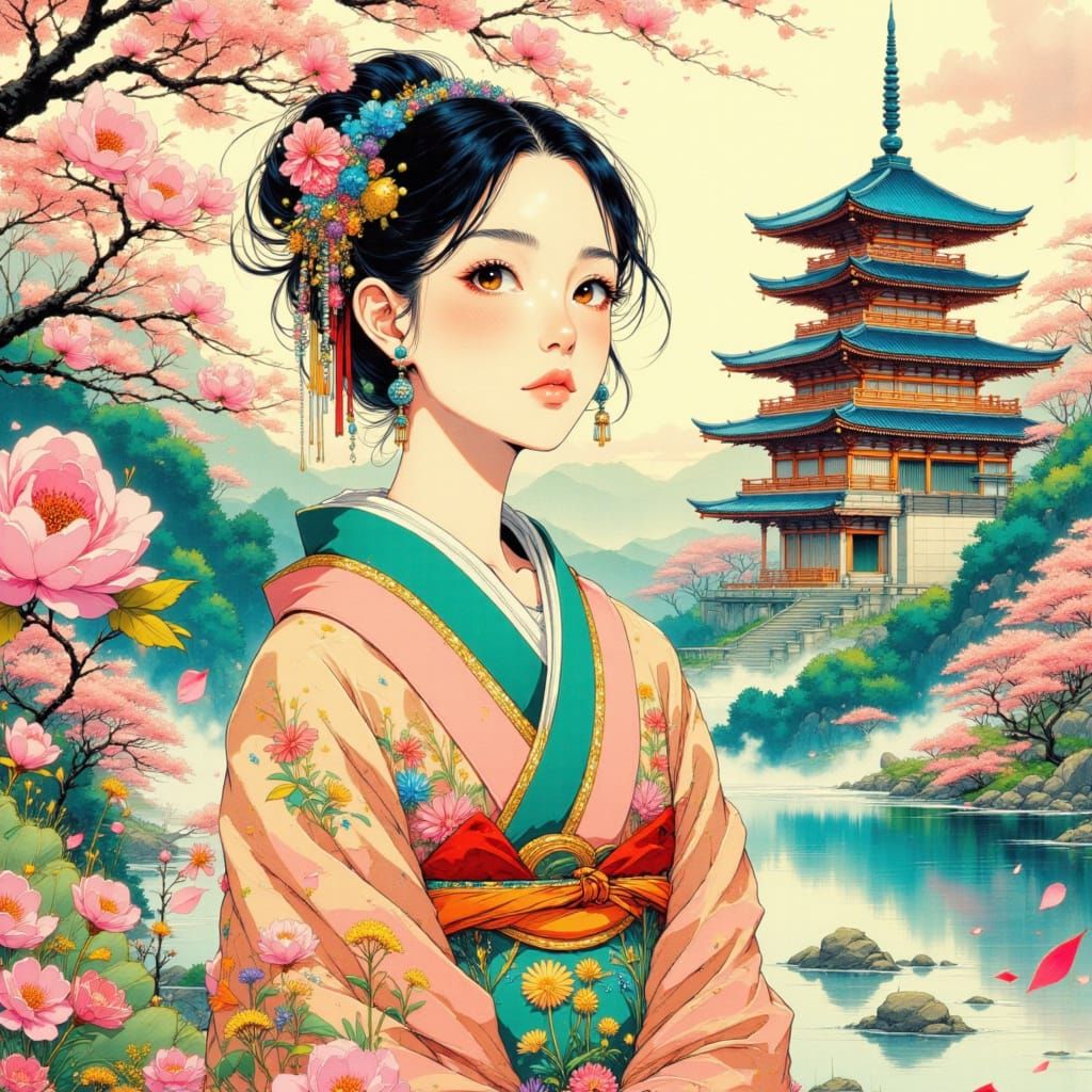 Japanese Woman in Kimono Among Cherry Blossoms