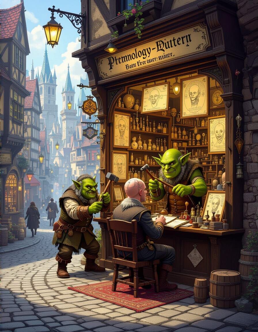 Whimsical Phrenology Shop in Bustling Medieval City