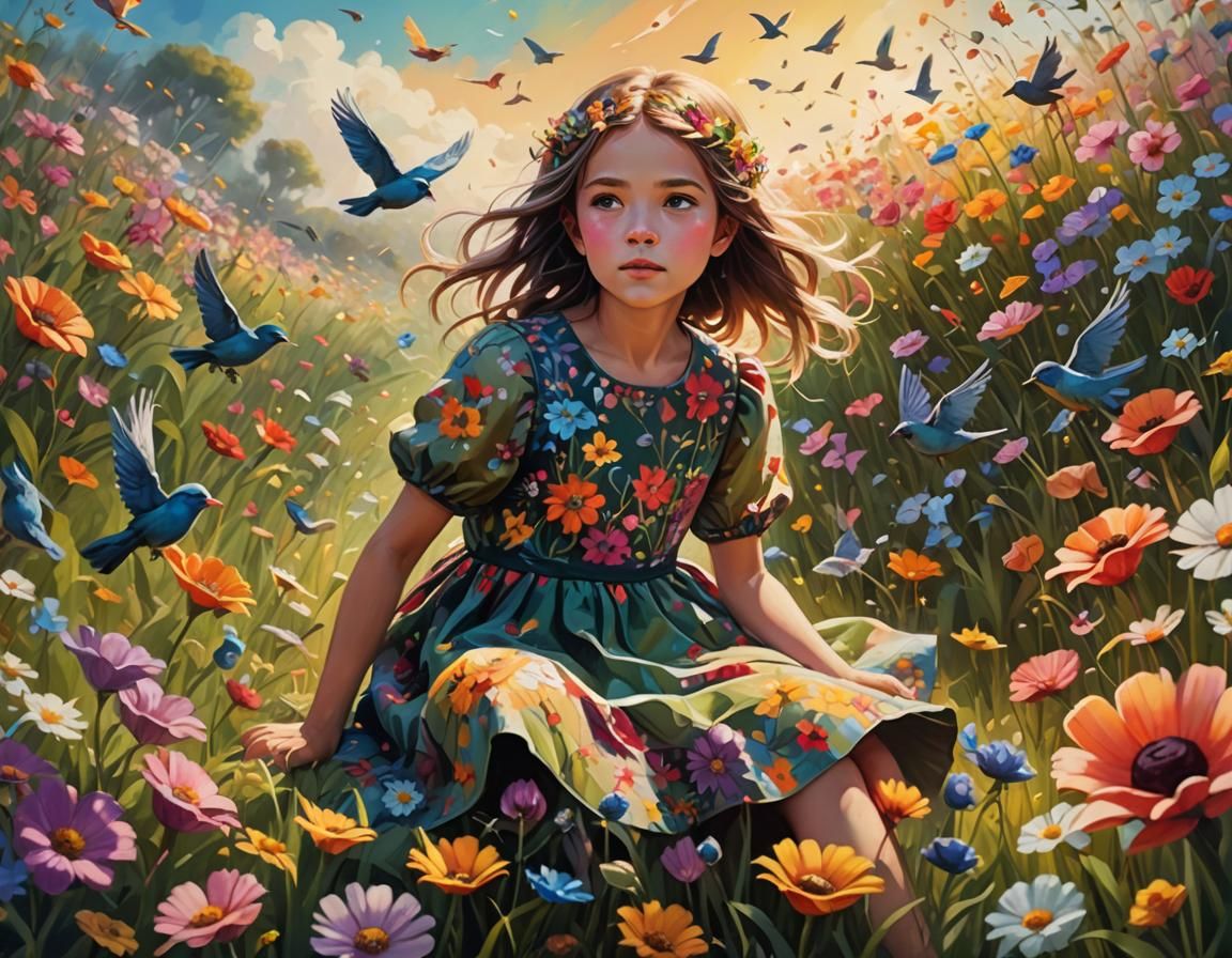 Girl in Floral Meadow: Oil Painting-Inspired Digital Art