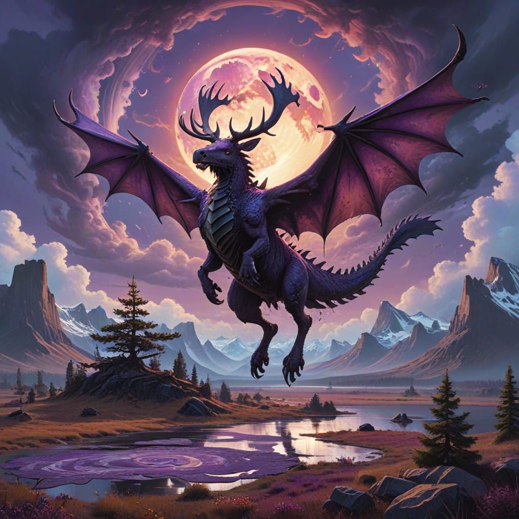 Epic Dragon-Moose Majestic Scene in Vibrant Impressionist St...