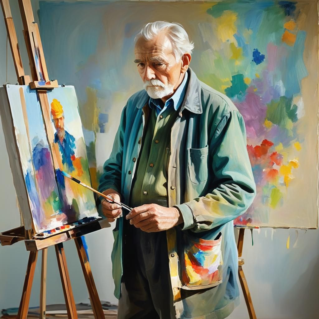 Painter Creating Infinite Self-Portrait, Impressionistic Sty...