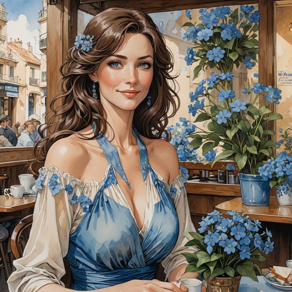 Woman with Blue Flowers in Anime Style