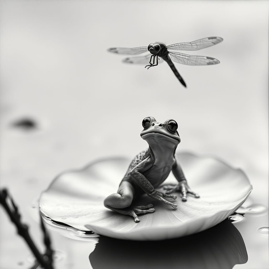 Classic Monochrome Frog Perched on a Soft Lilypad