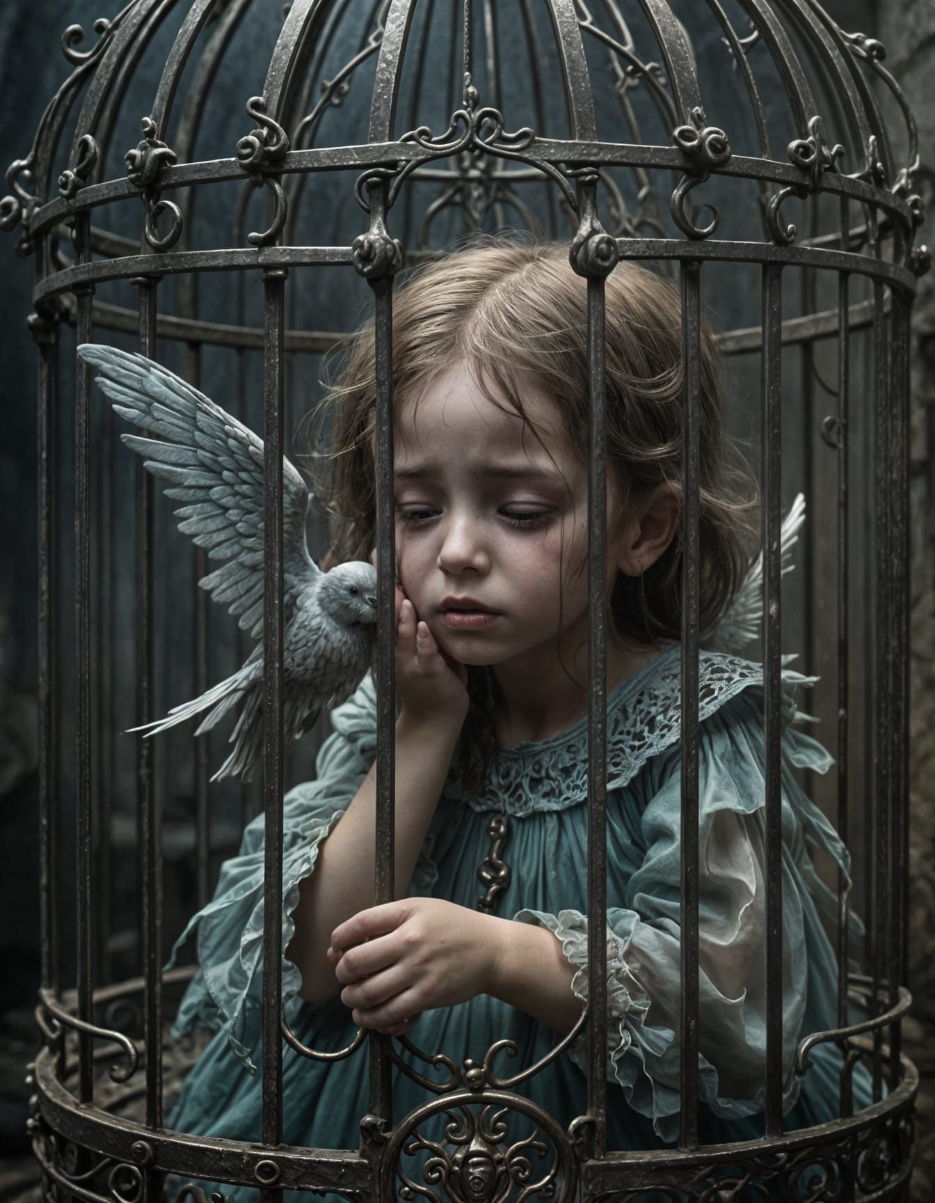 Forlorn Angel Child Caged in Birdcage