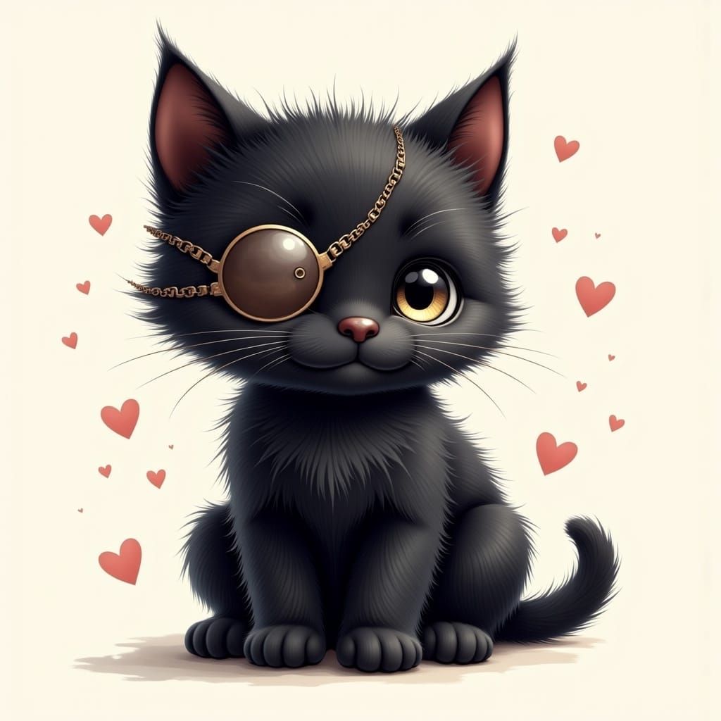 Cute Black Kitten with Eye Patch Illustration