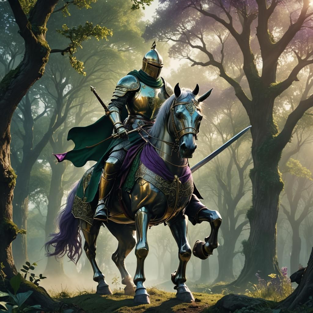 Knight on Horse in Emerald Fantasy Landscape