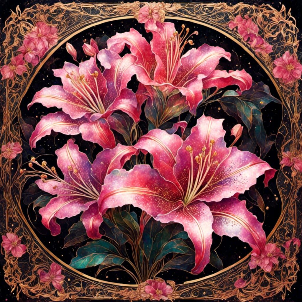 Art Nouveau Lilies with Gold Filigree