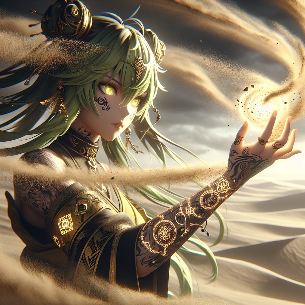 Anime Sandstorm: Female Elementalist Conjuring Desert Power