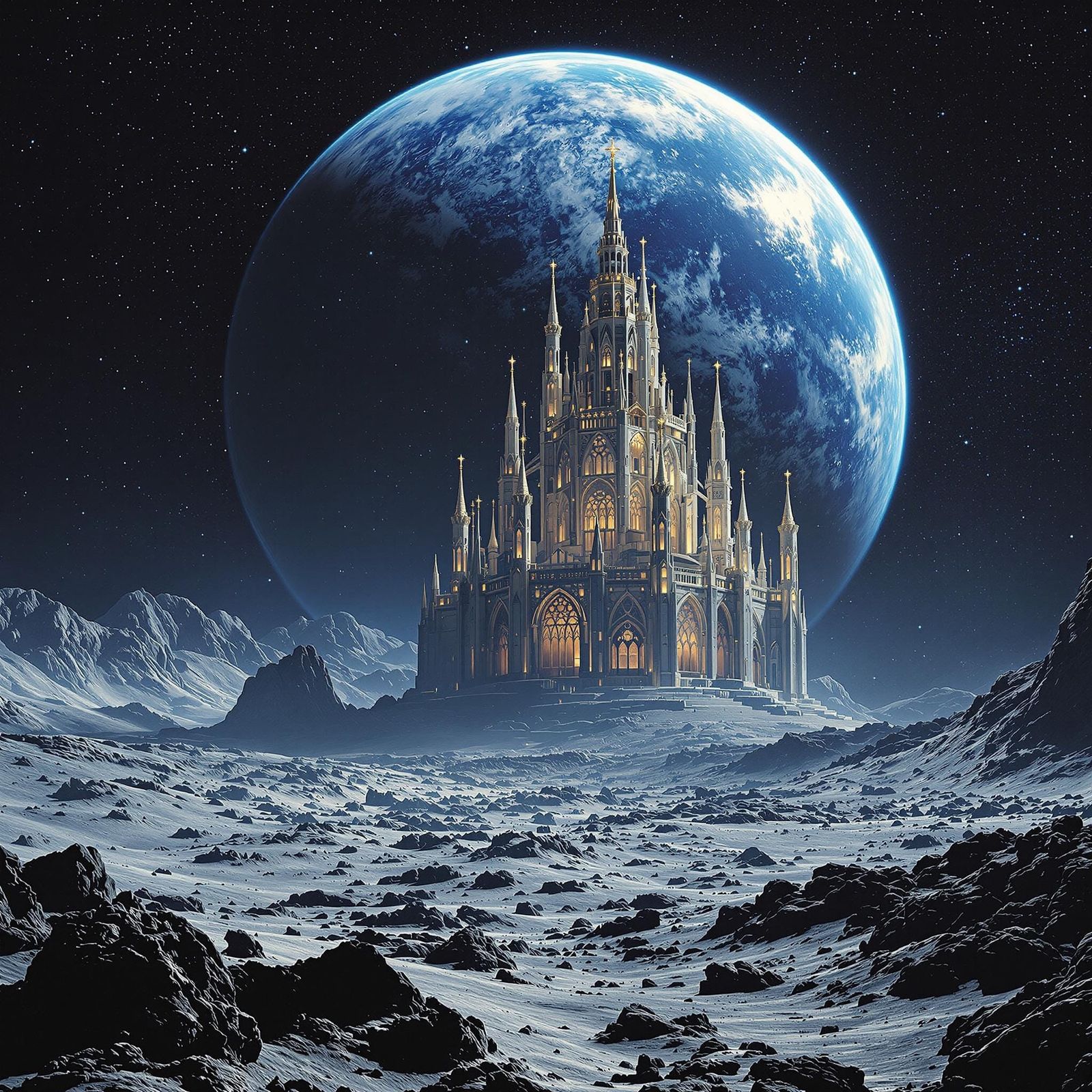 Cathedral on the Moon in Sci-Fi Style