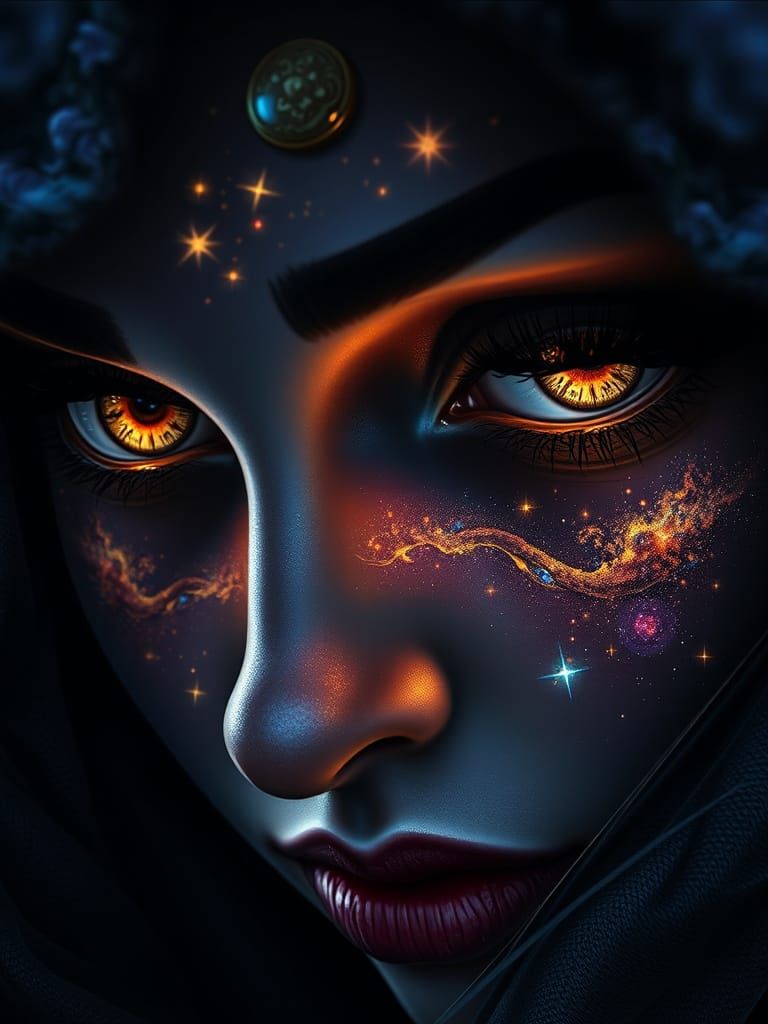 Sorceress' Enigmatic Eyes in Celestial Chiaroscuro