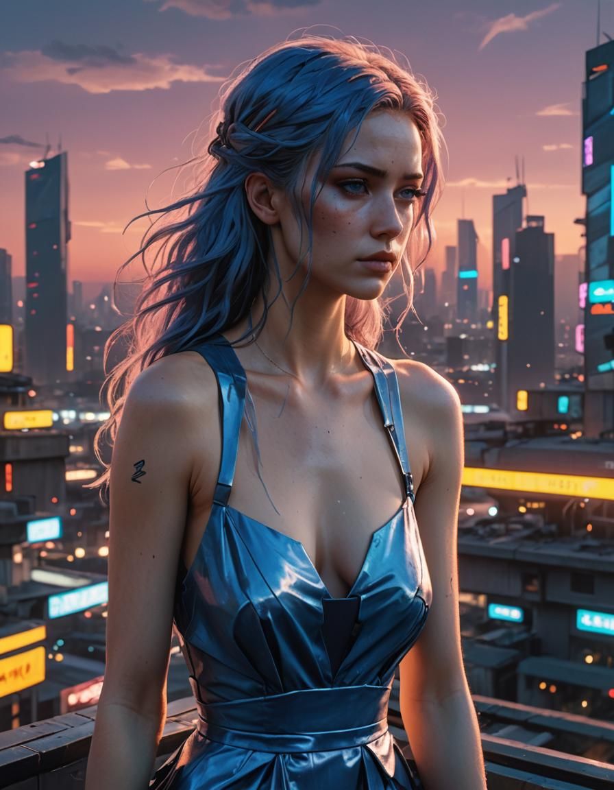 Cyberpunk Woman with Blue Hair in Neon Cityscape