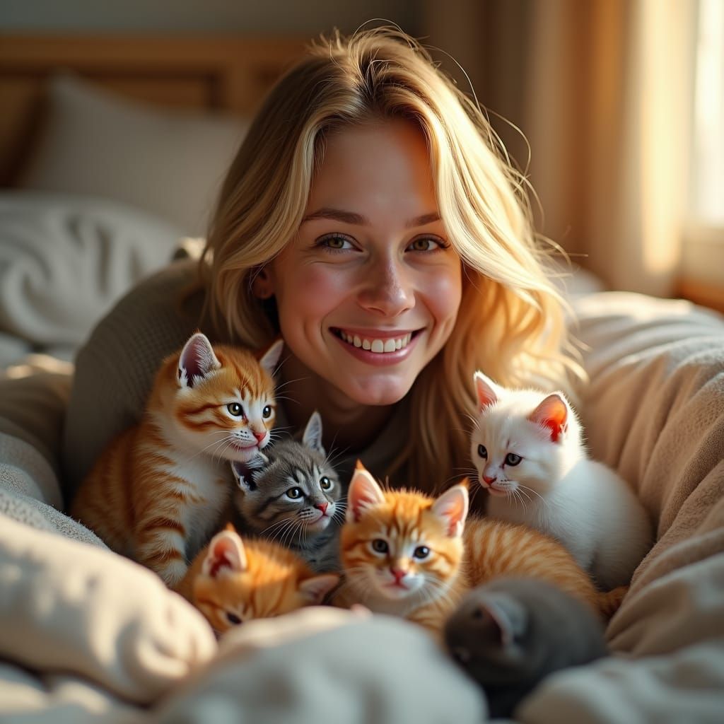 Woman Surrounded by Kittens, Photorealistic Hyperrealism