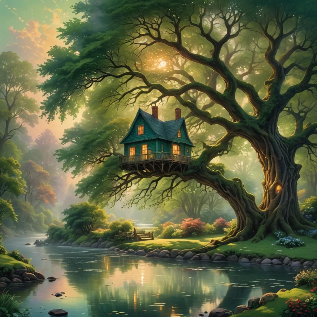 Enchanted Cottage Sunrise: Ethereal Fantasy River View