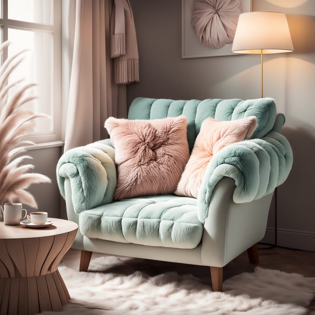 Cozy Plush Pillows on Armchair with Pastel Palette
