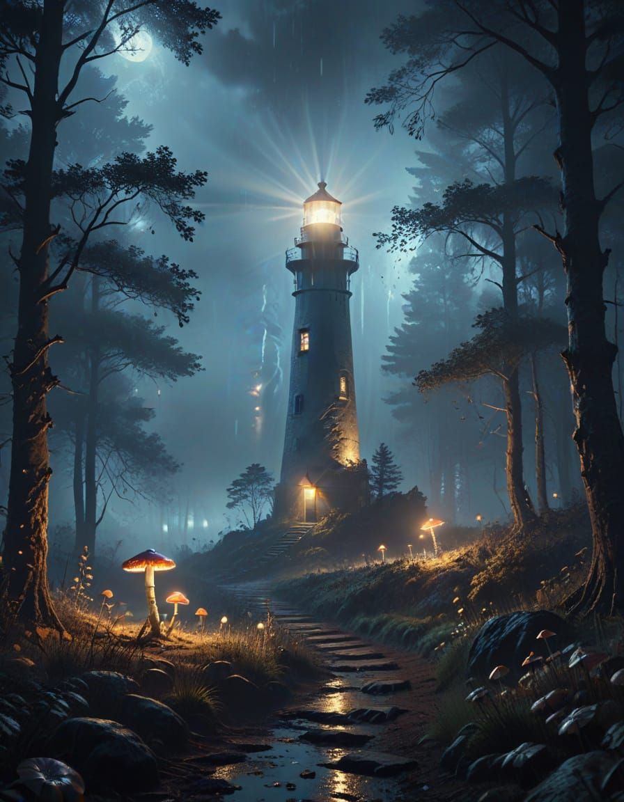 Lighthouse in Misty Forest: A Surreal Oil Painting