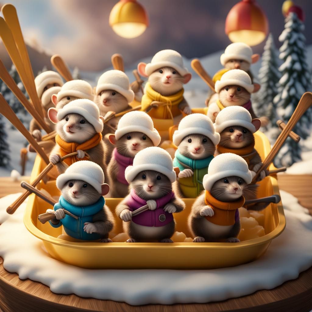 Mice Skiing on Ice Cream Mountain: Digital Art