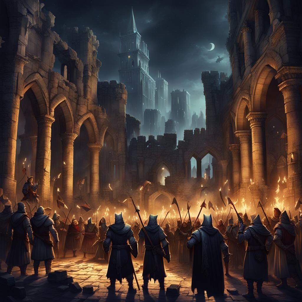 Nighttime Bard Performance in Fantasy Cityscape