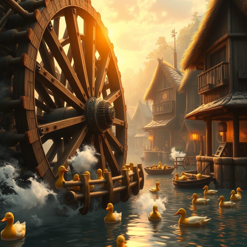 Whimsical Floating Village with Majestic Waterwheel