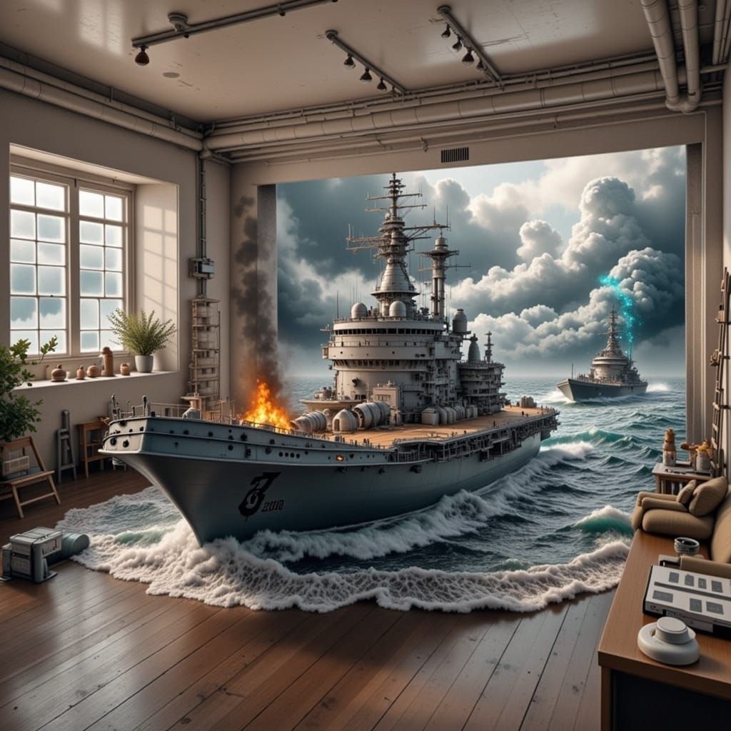Aircraft Carrier vs. Stormy Seas in Futuristic Style