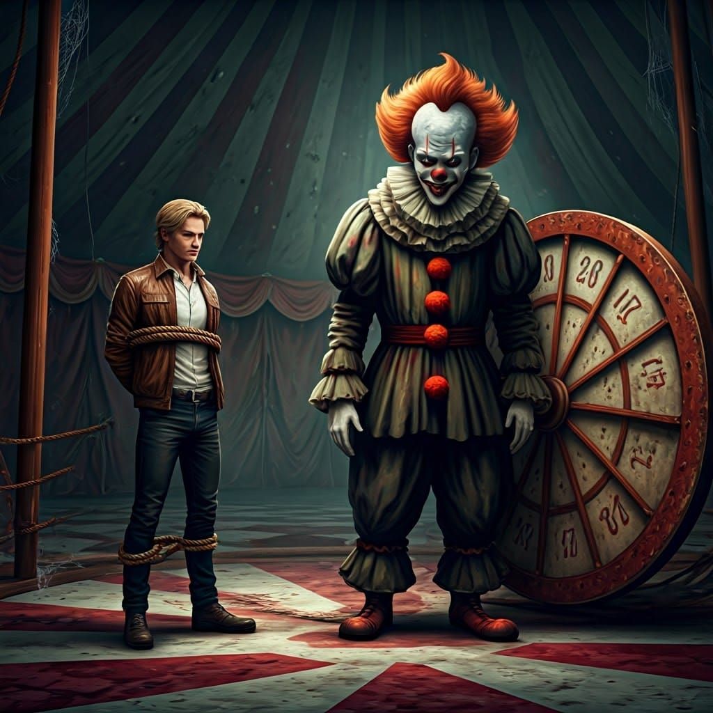 Sinister Clown in Dim Circus Tent