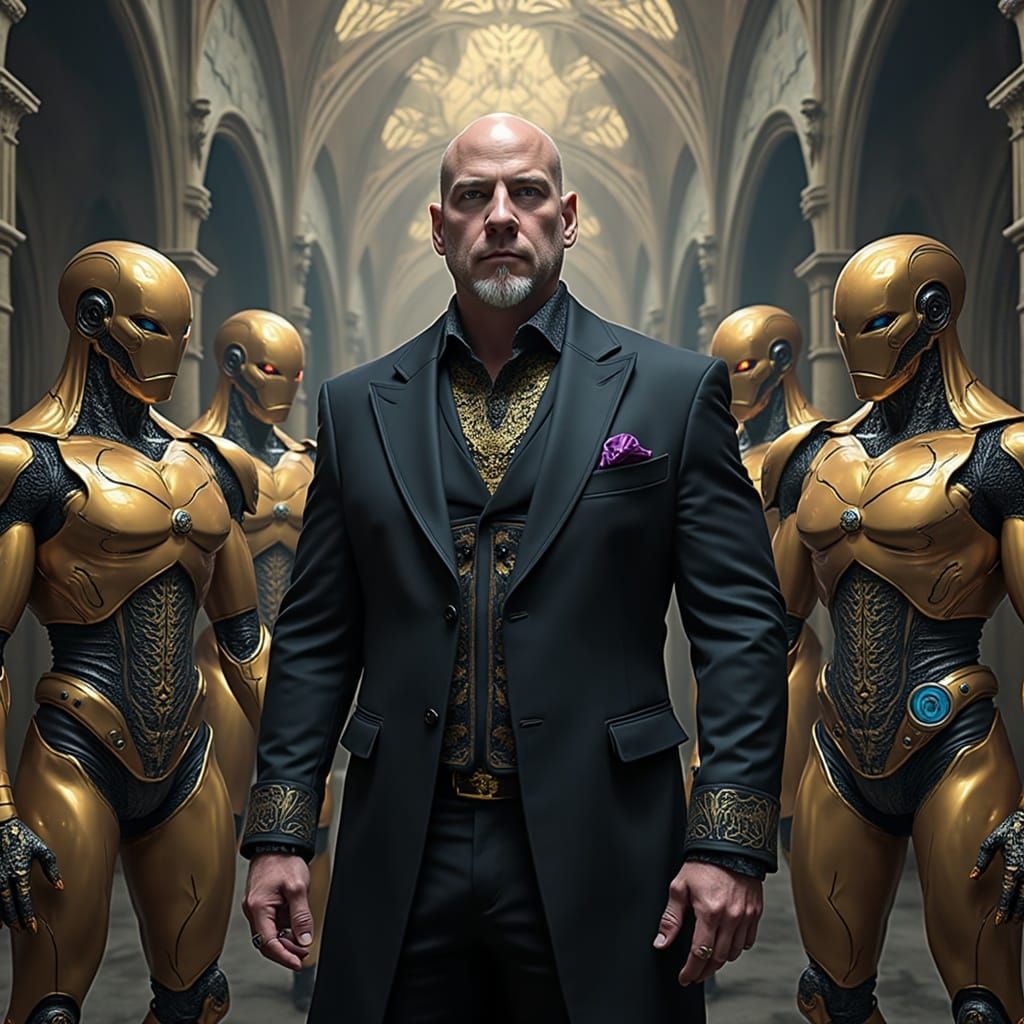 Dark Fantasy Warrior Surrounded by Brass Robots in Ancient R...