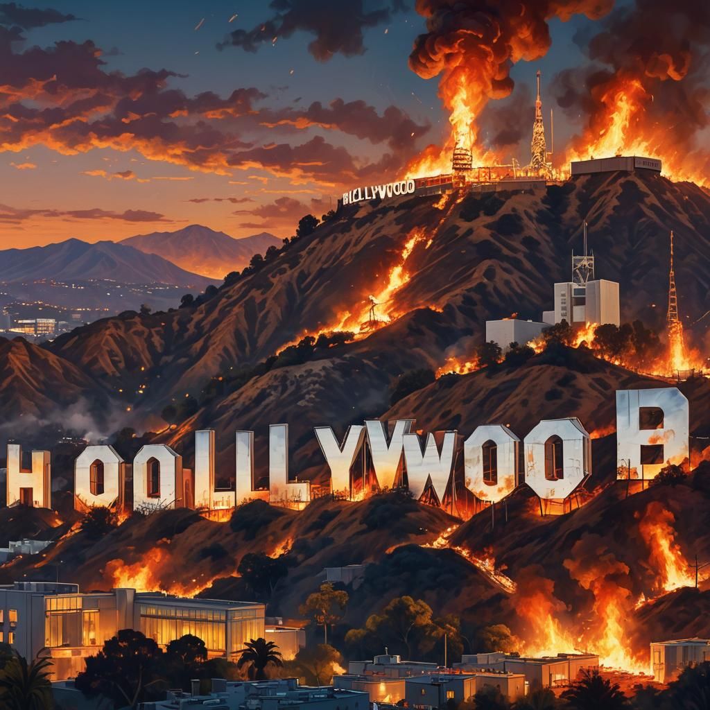 Hollywood Sign on Fire: Cinematic Oil Painting