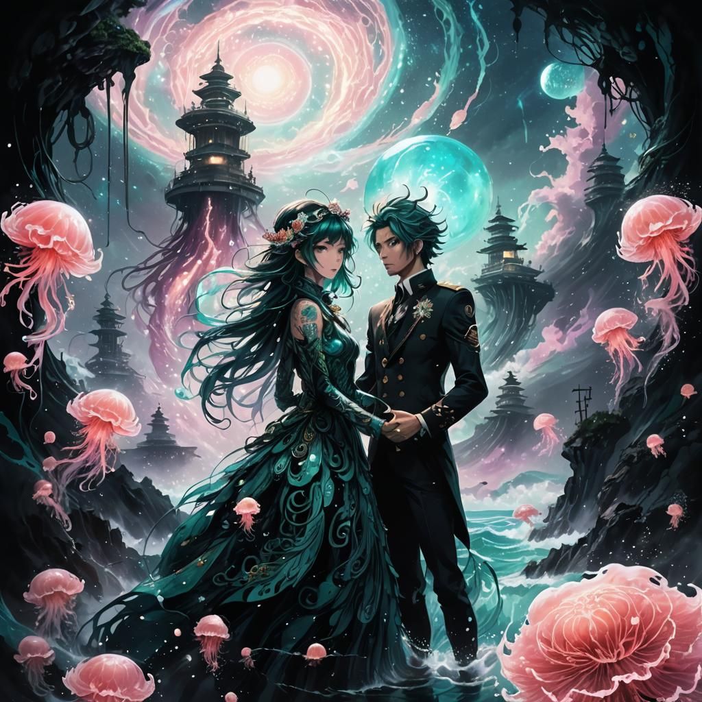 Mystical Water Creature Anime Art in Shinkawa Style