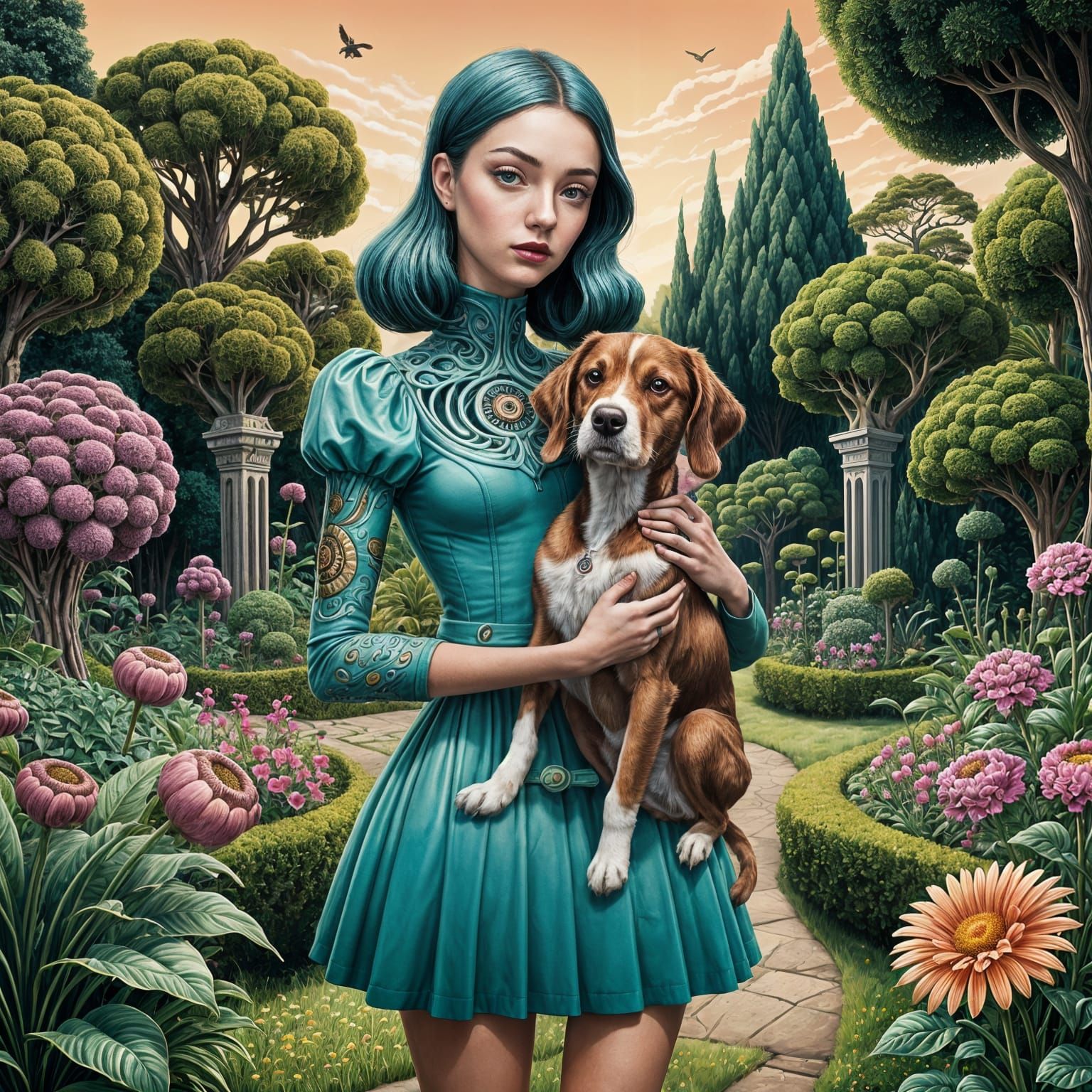 Woman and Dog in Whimsical Pop Surrealist Garden