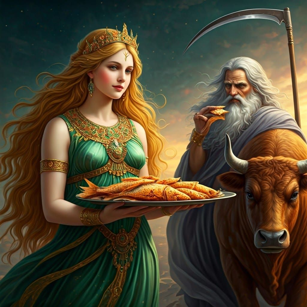 Goddess Venus Enjoys Fried Fish with Saturn in a Fantastical...