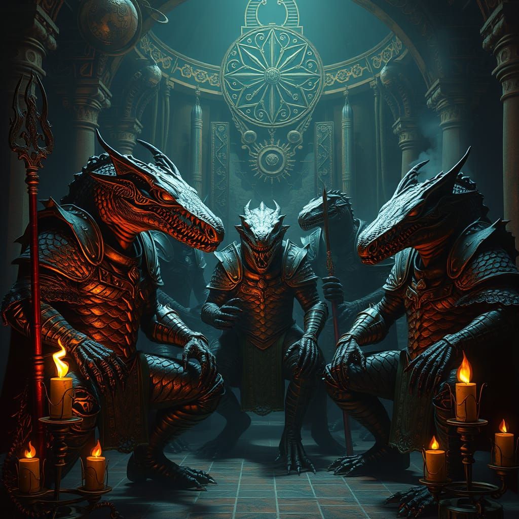 Reptilian Warriors in Dark Fantasy Chamber