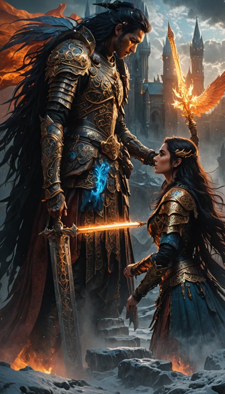 Majestic Warrior Tempted by Sorceress: Dark Fantasy Matte Pa...