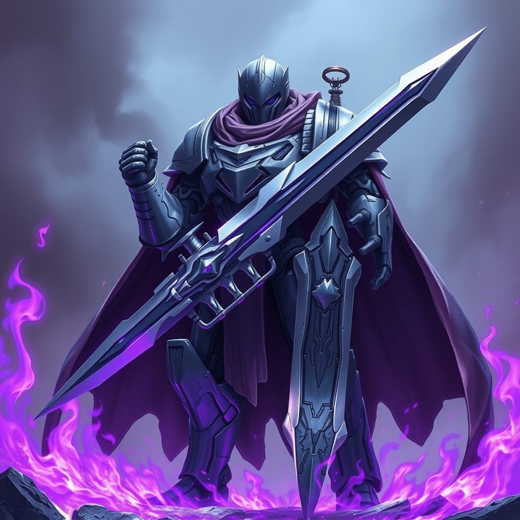 Giant Mechanical Knight in Violet Flames