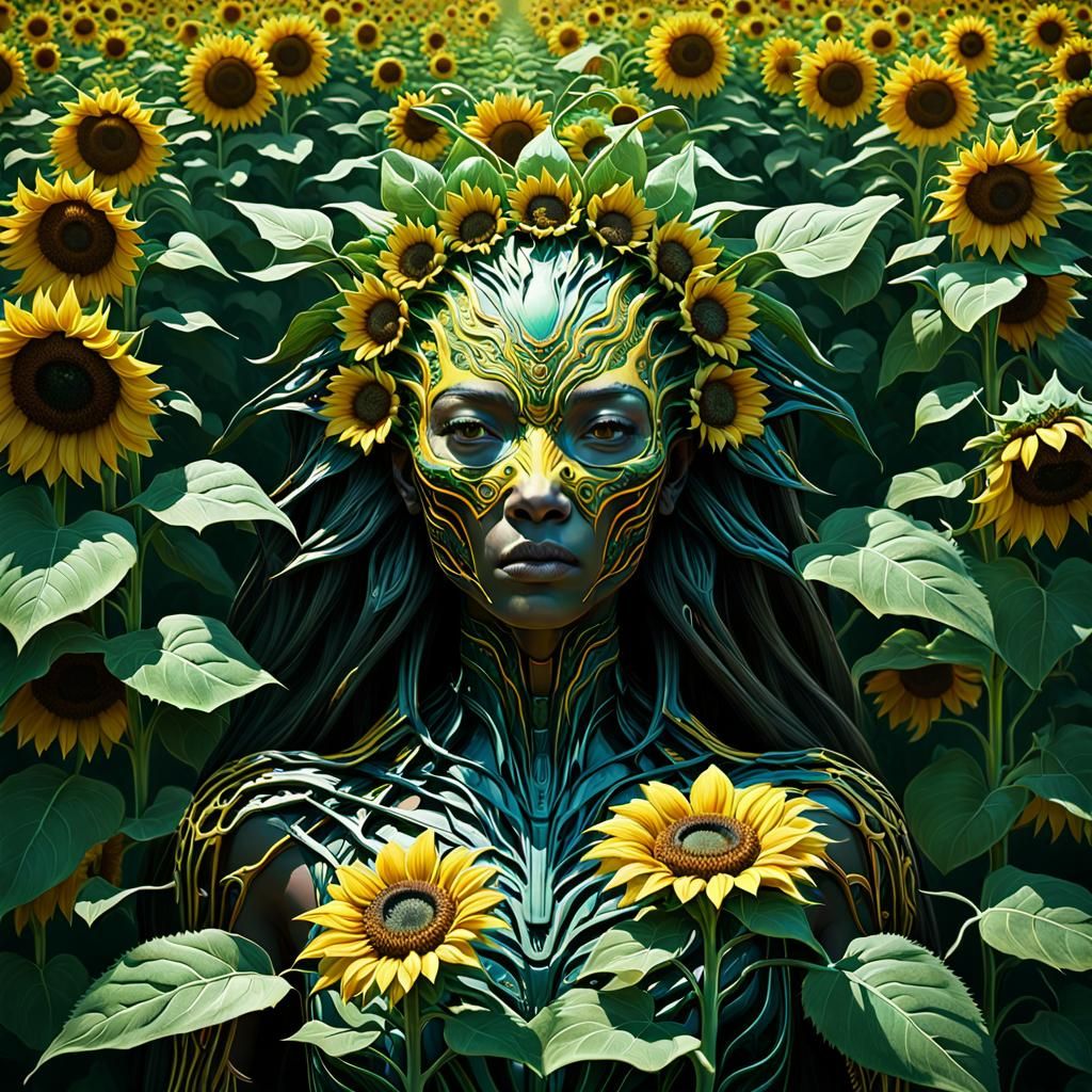 Psychedelic Sunflower Goddess Illustration with Floral Vines