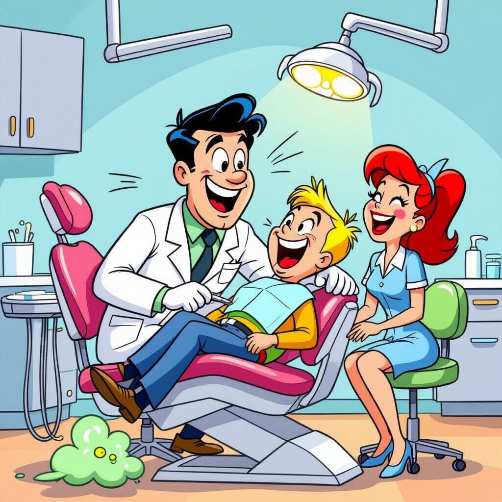 Cheerful Cartoon Dentist and Patient Laughing Together