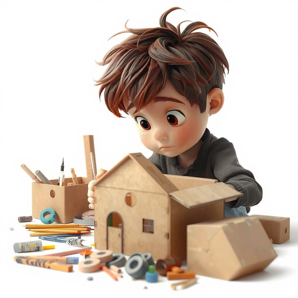 Thoughtful Boy Builds Cardboard House with Watercolor Realis...