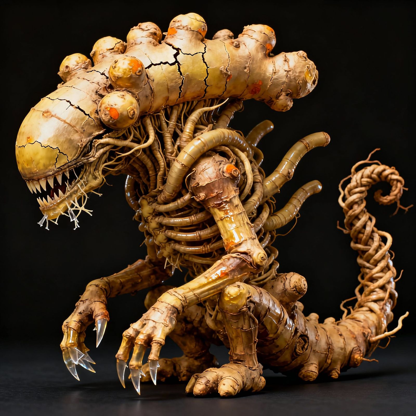 Photorealistic Xenomorph Sculpture Made of Ginger Root